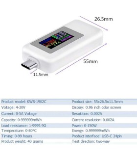 USB -C įtampos ir srovės matuoklis ( USB type-C ) dvikryptis testeris su spalvotu ekranu