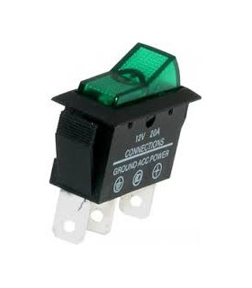 Jungiklis klavišinis, ASW09DG ON-OFF, su fiksacija 3k. 20A/12Vdc, 30x26.6x14mm  žalia 12V neoninė ASW09DR