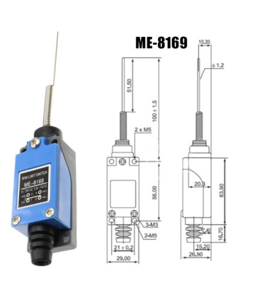 Galinės padėties jungiklis ME-8169 ,230V AC 5A su spyruokliniu elementu ilgis iki 80mm