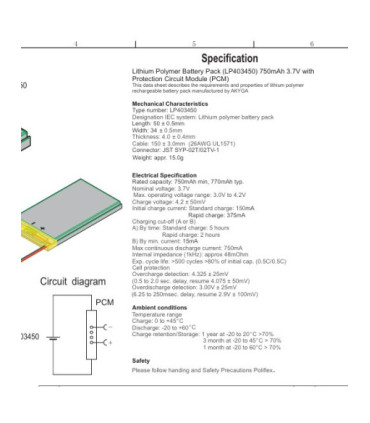 copy of Akumuliatorius su krovimo pl.LP523450 900mAh  Li-Ion 3.7V 5.2x34x50mm