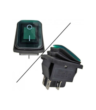 Hermetiškas jungiklis  klavišinis su 220V pašvietimu 2 pad.žalias ON-OFF, 15A/250VAC, neoninė 220V, montavimo 30x21mm