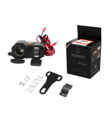 Maitinimas vandeniui atsparus krovimui motociklams, keturačiams  su "prirukiklio" lizdu ir USB  lizdu įėjimas 12/24V, (5V/2,1A )