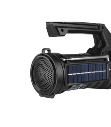 Daugiafunkcinis žibintuvėlis 1-LED + COB su saulės baterija, FM radiju, „Bluetooth“ garsiakalbiu, USB ir microSD lizdu