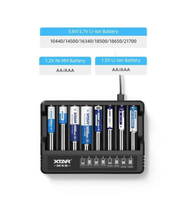 Mikroprocesorinis kroviklis XTAR MX8 (MC8) išmanusis 8 kanalų  10440-32650, AAAA,AAA,AA,A,SC,C,D NIMH-NICD akumuliatoriams