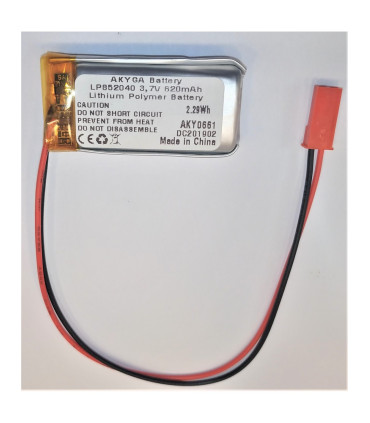 Ličio polimero akumuliatorius Akyga  852040, 620mAh 3,7V su apsaugos schema ir jungties laidu