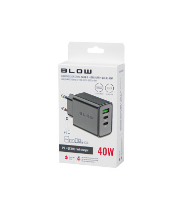 Įkroviklis   USB + 2xUSB-C QC+PD 40W palaiko greitą krovimą PD 3.0     max. 65W