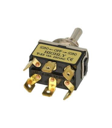 Permetamasis jungiklis T-23CS-M2 (tumbleris)  15A/250VAC (ON)-OF-(ON) be fiksacijos ,kontaktai 6,3x0,8mm